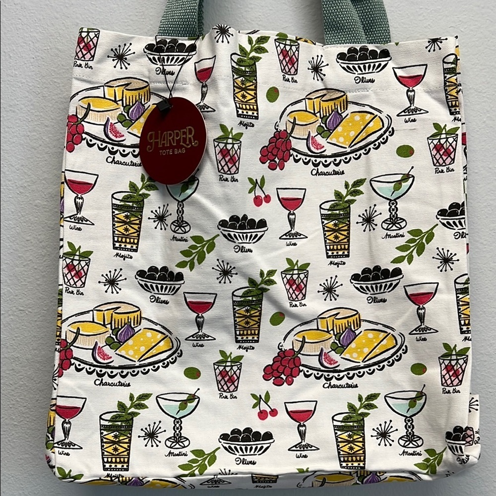 Harper | Charcuterie Themed Reusable Canvas Tote 🧀🍹🍒🫒🍸